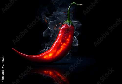 Chili pepper with fire and smoke on black background 