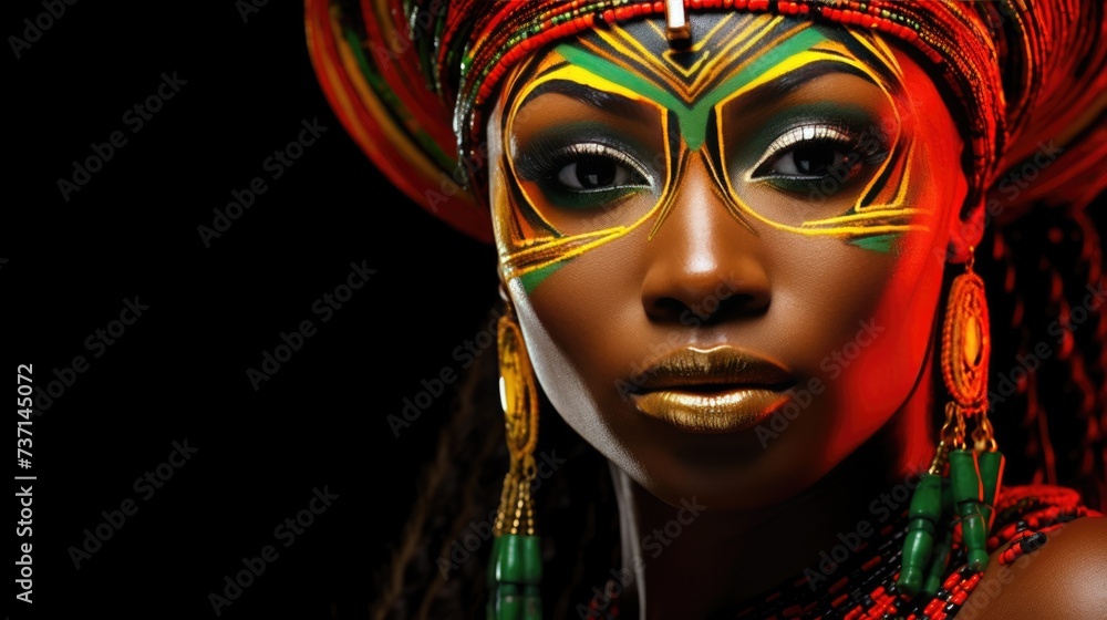 African Queen: Bold Tribal Face Paint and Traditional Attire in Dramatic Lighting.