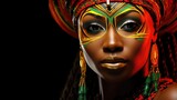 African Queen: Bold Tribal Face Paint and Traditional Attire in Dramatic Lighting.