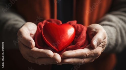 Elderly hands gently holding a red heart on a vibrant orange fabric.