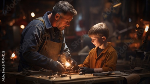 Man and Boy Examining a Map