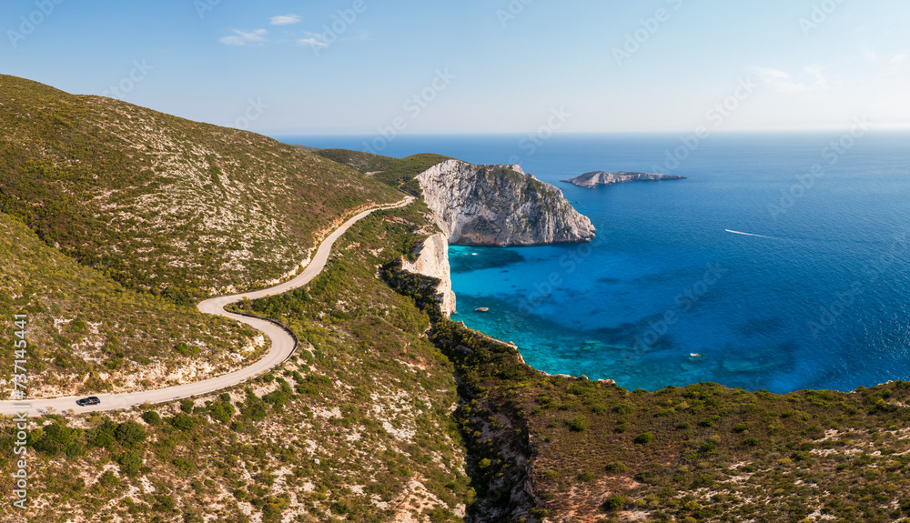 White cliffs and Mizithres rocks on Zakynthos island in Greece.