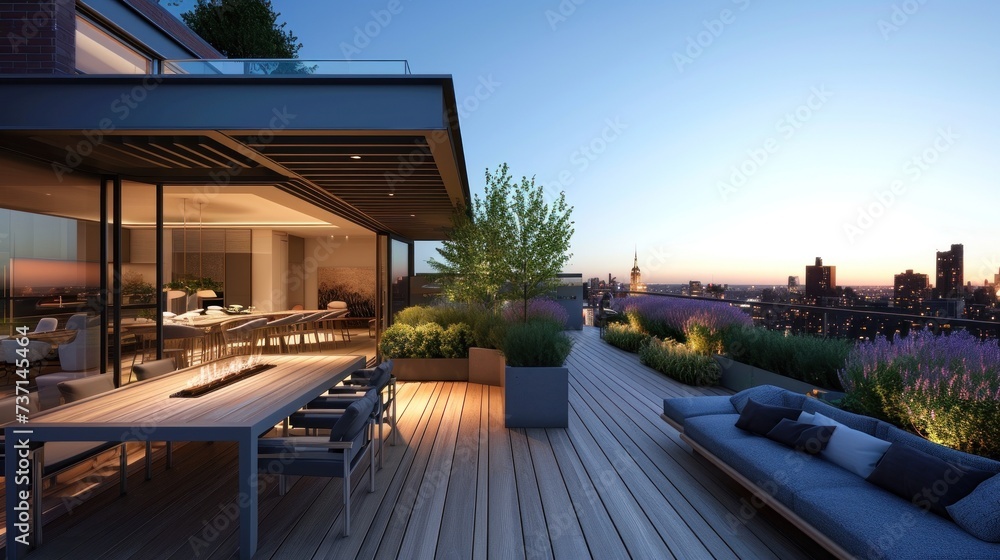 Fototapeta premium Rooftop terrace with minimalistic dining area lounge. Generative ai,