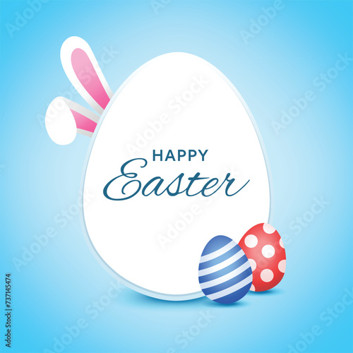 Easter day background template with bunny rabbit and eggs light blue studio for banner poster web cover page design. Greetings and presents for flat lay styling. Promotion sale and shopping.