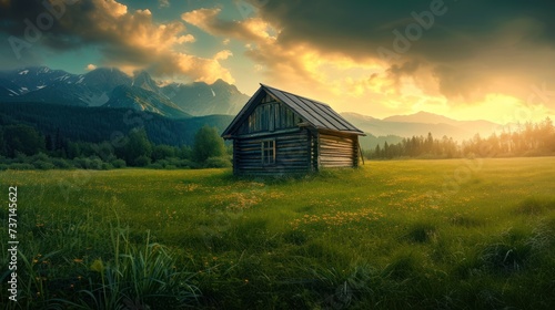 a cabin middle of a field with a mountain range background and a cloudy sky background. photo
