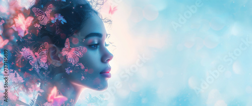 Female silhouette with butterflies in her hair on a light blue background with bokeh. Banner with place for text