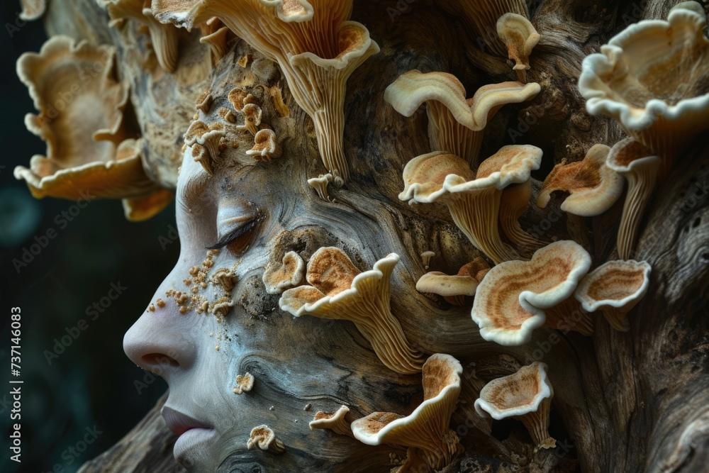 Artistic portrait with fungi and wood textures. Artistic portrait with fungi and wood textures.