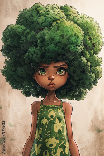 Cartoon characters Broccoli girl, concept healthy life, Formation of correct eating habits in children, light background photo