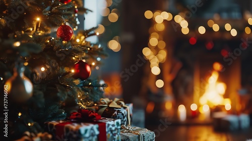 Christmas Tree and Gifts Seen Close-Up with Bu
