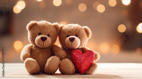 two lovable teddy bears with heart close up