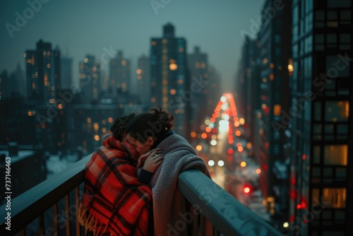 a couple are wrapped up together with blankets on the balcony of the city night hotel photo