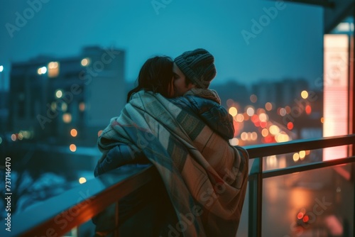 a couple are wrapped up together with blankets on the balcony of the city night hotel photo