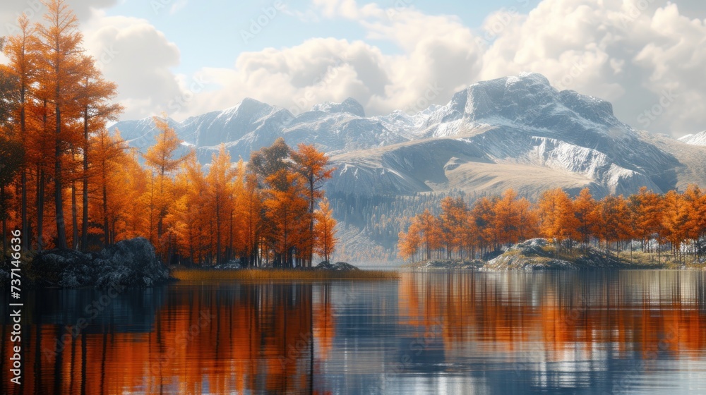 a mountain range is reflected still water of a lake with trees foreground and clouds background. a mountain range is reflected still water of a lake with trees foreground and clouds background.