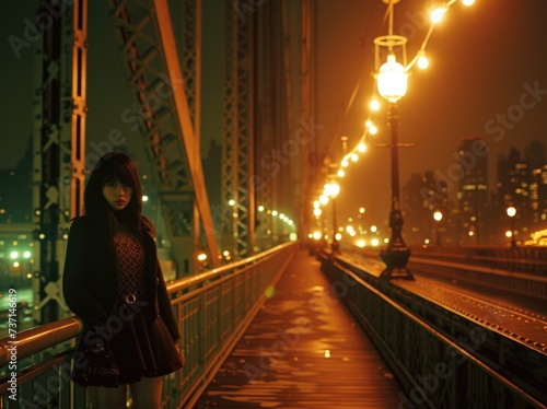 a girl standing on the bridge at night with large city lights, in the style of dollcore, sovietwave, normcore, life in new york city, oshare kei, suburban gothic, photo taken with provia photo