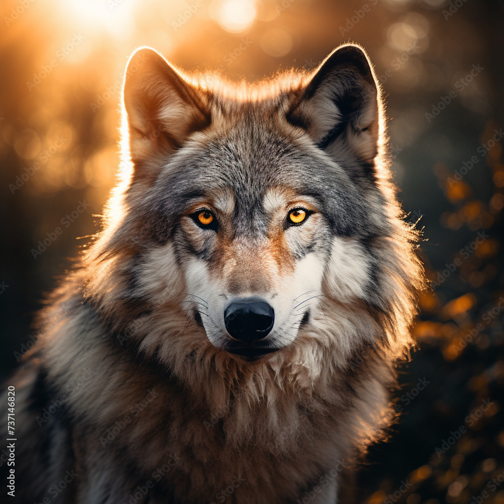 Wolf, the sun shines behind him,