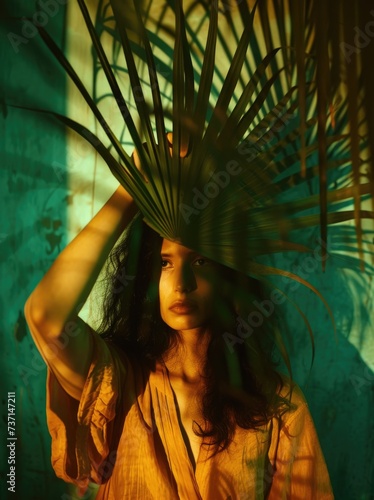 a woman holds a palm leaf in front of her head and holds up a shadow, in the style of night photography photo