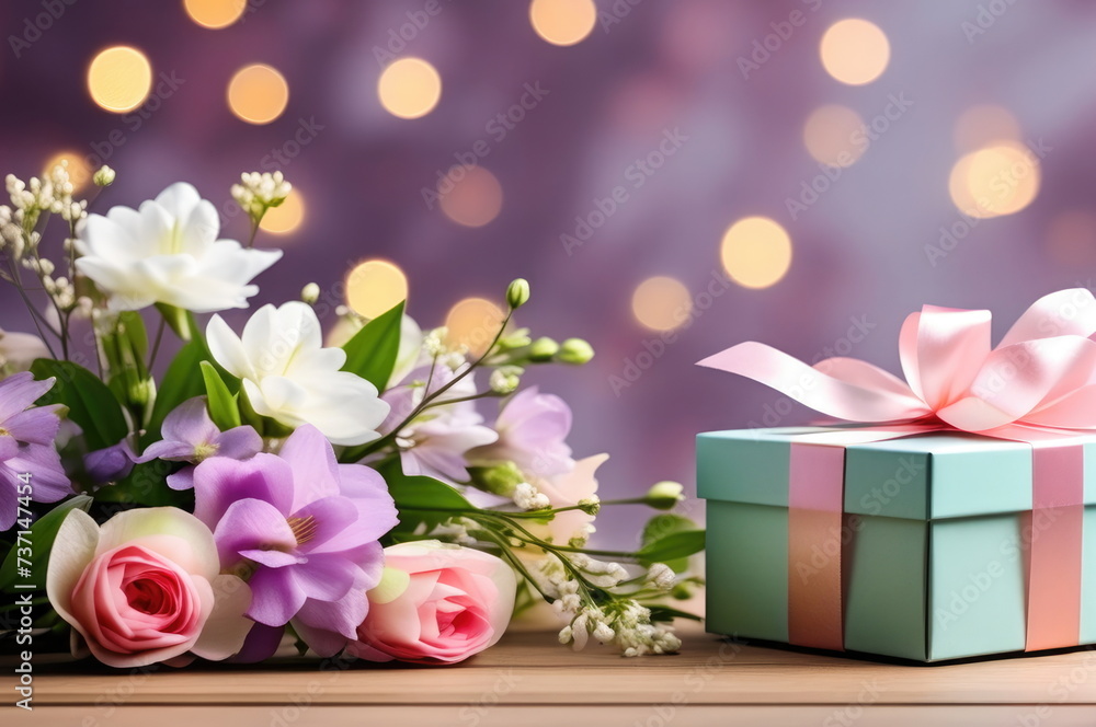 Gift Box Surrounded by Flowers and Bokeh Gift Box Surrounded by Flowers and Bokeh