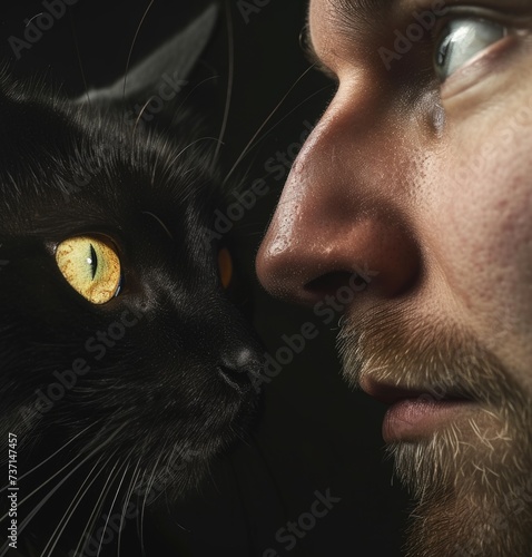 black cat beside man while face is visible, in the style of social media portraiture, avocadopunk, avacadopunk photo
