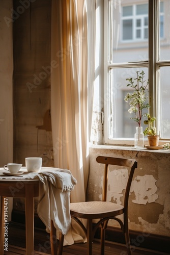 beige chair and table next to window, in the style of soft, atmospheric lighting, installation creator photo