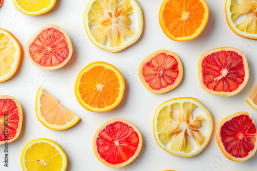 Flatlay colorful composition of fresh slices fruits on white background