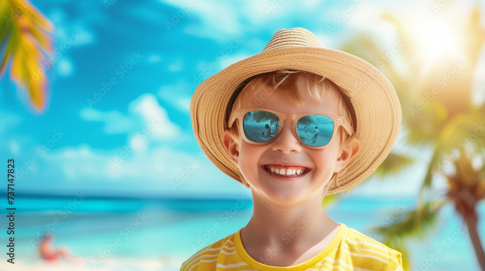 Smiling young litle boy with blue eyes wearing a sunglases and straw hat peeking through tropical palm leaves on a sunny day. Copy space. Generative AI Smiling young litle boy with blue eyes wearing a sunglases and straw hat peeking through tropical palm leaves on a sunny day. Copy space. Generative AI