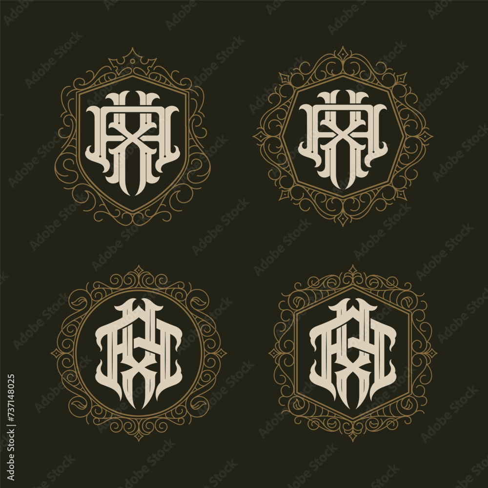 Victorian style monogram with initial AX or XA. Templates set designs. Can be applied on stationery, invitations, signage, packaging, or even as a branding element and etc Victorian style monogram with initial AX or XA. Templates set designs. Can be applied on stationery, invitations, signage, packaging, or even as a branding element and etc