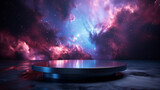 empty black metalic podium on blue purple star galaxy background for product presentation