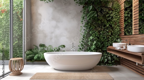 Serene bathroom with a freestanding tub. Generative ai  