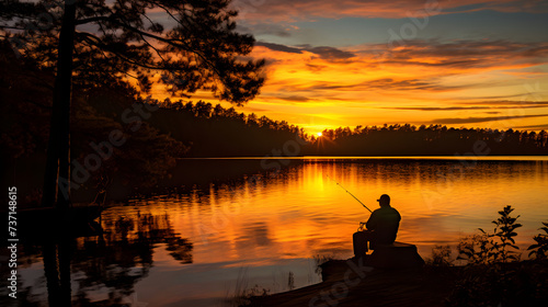 Serene Dusk Fishing - Lone Fisherman Enveloped by the Warm Hues of the Sunset, Waiting Patiently for a Catch at the Edge of a Calm Lake