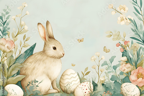 Springtime Serenity: A White Bunny Amidst Blooming Flowers, Decorated Eggs, and Fluttering Butterflies in a Lush Greenery