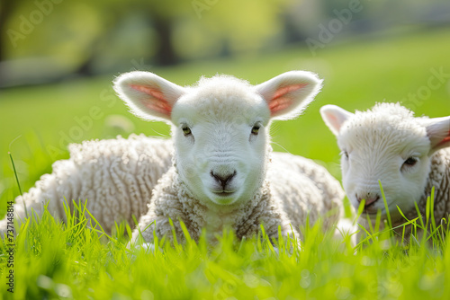 Cute little lambs on fresh green meadow photo