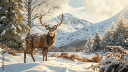 a deer standing snow in front of a mountain with snow on the ground and trees foreground.
