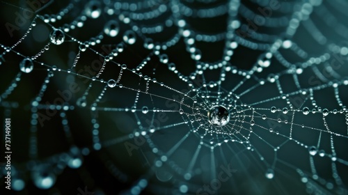 a close up of a spider web with drops of water on the spider's web in the center of the web.