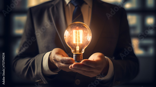 Business leader holds luminous lightbulb, embodying innovation and strategic insight Vertical Mobile Wallpaper Free Photo,, A man holding a light bulb that says " light ".
