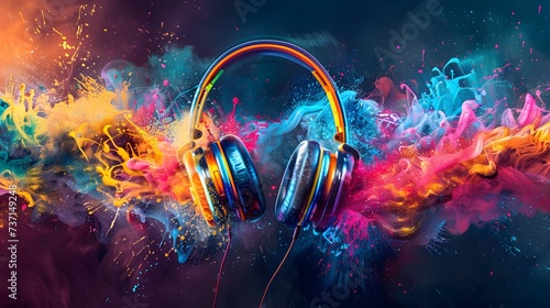 Headphones over Neon splashing wih vibrant colours, dynamic music blaster  photo