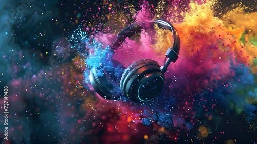 Headphones over Neon splashing wih vibrant colours, dynamic music blaster 