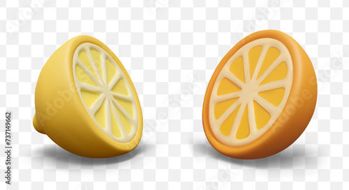 Sliced lemon and orange. Citrus halves. Isolated 3D images for web design