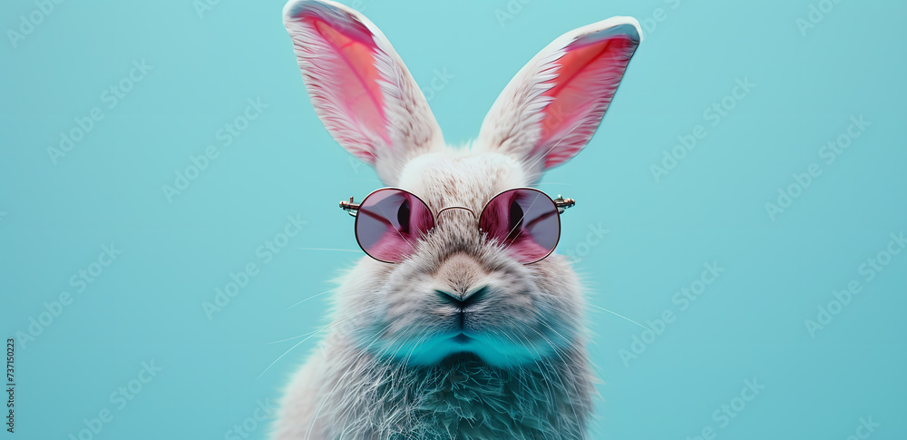 Cool Bunny: A Stylish Rabbit Wearing Sunglasses Against a Vibrant Turquoise Background