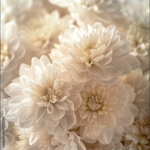 White Monochromatic Compositions Chrysantha Flowers in Organic Bouquet Texture - Irridescent Soft Tonal Art Close Up Vintage Inspired Background created with Generative AI Technology © Generative Plants