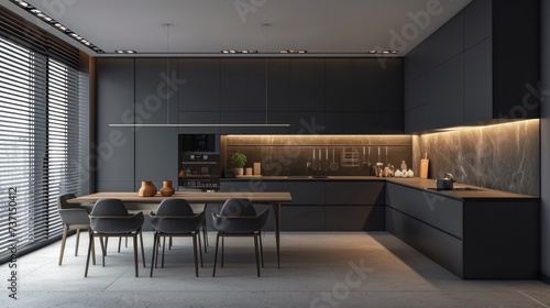 Sleek handless cabinets kitchen with a glossy counter. Generative ai, 