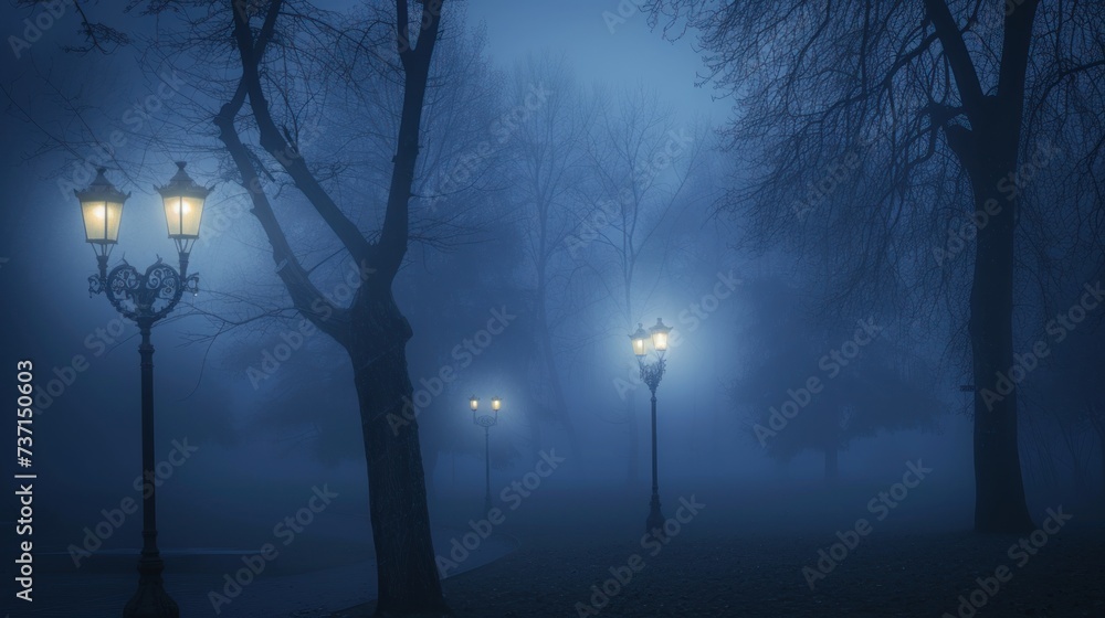 a foggy night in a park with and foreground and trees background.
