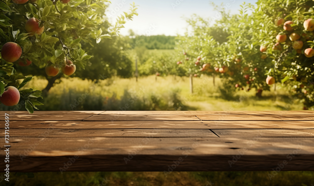 Empty wooden tabletop against apple orchard with ripe red fruits, generated by ai