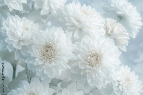 White Monochromatic Compositions Chrysantha Flowers in Organic Bouquet Texture - Irridescent Soft Tonal Art Close Up Vintage Inspired Background created with Generative AI Technology