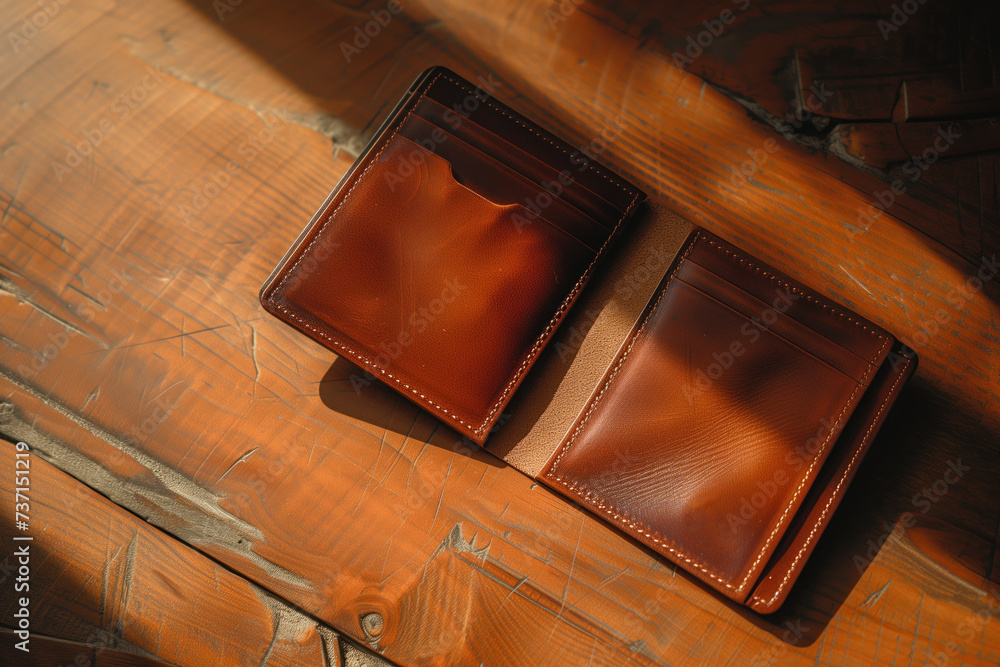 An open empty brown leather wallet resting on a wooden table. Personal finance concept of overwhelming expenses