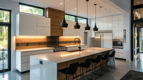 Sleek handless cabinets kitchen with a glossy counter. Generative ai,  photo