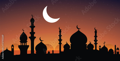 Ramadhan Islamic festival mosque at sunset vector illustration