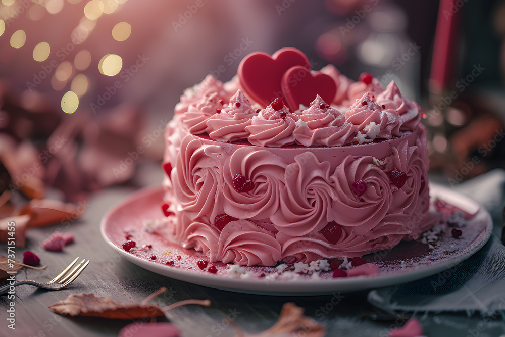 Naklejka premium Romantic Illumination: A Heart-Adorned Cake Basking in the Soft Glow of Candlelight