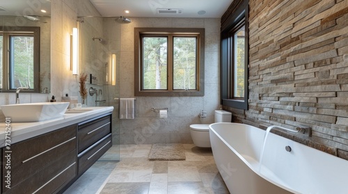 Spa-like bathroom with a modern tub. Generative ai  