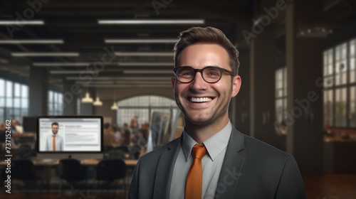 A man in glasses and a suit is smiling in a formal office setting , generated by AI