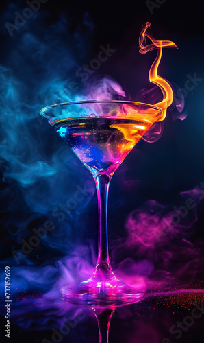 martini glass with colorful alcohol and smoke on black background, burning cocktail with neon glow
